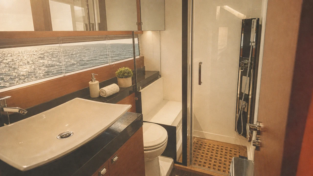 Guest bathroom with a glass shower and ocean-view window aboard a Prestige 550 Destin yacht charter