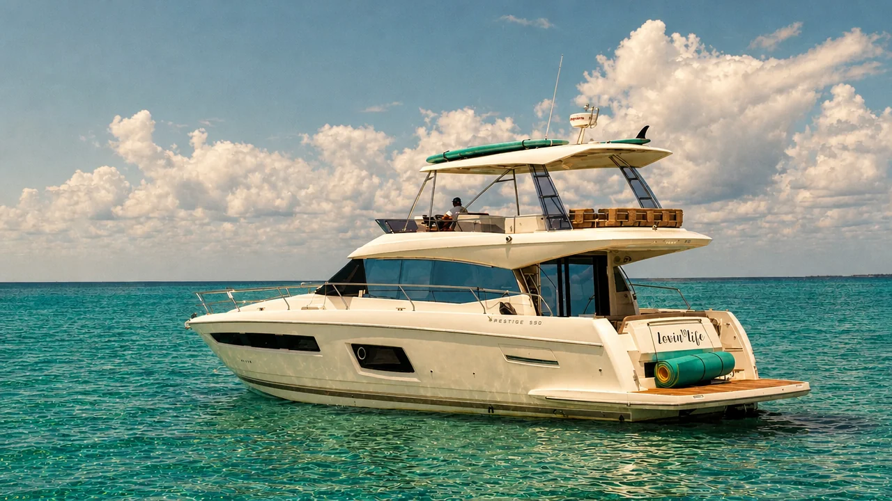 Stern view of the Prestige 550 Lovin' Life anchored over clear turquoise water in Destin, FL