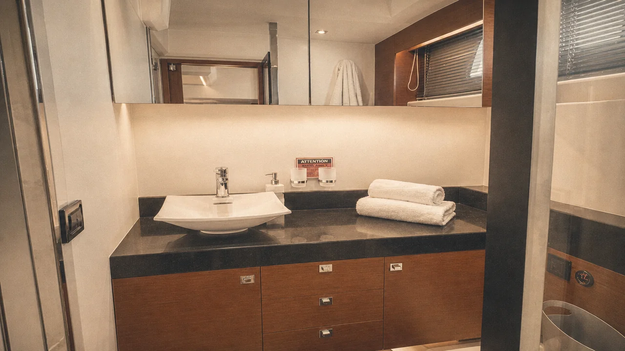 Master bathroom with a vanity sink and fresh towels aboard a Prestige 550 Destin yacht charter