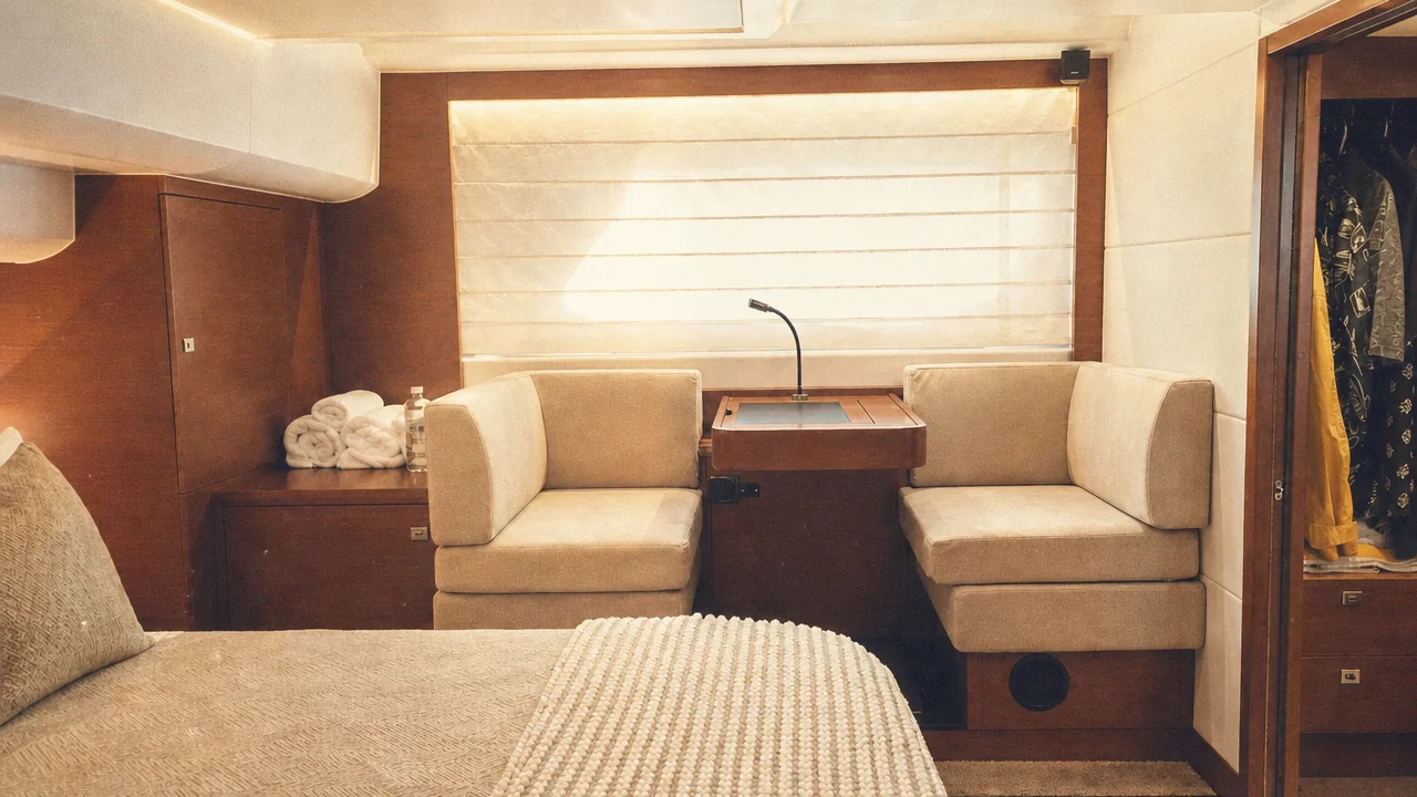 Master cabin with a queen bed and private seating aboard a Prestige 550 Destin yacht charter