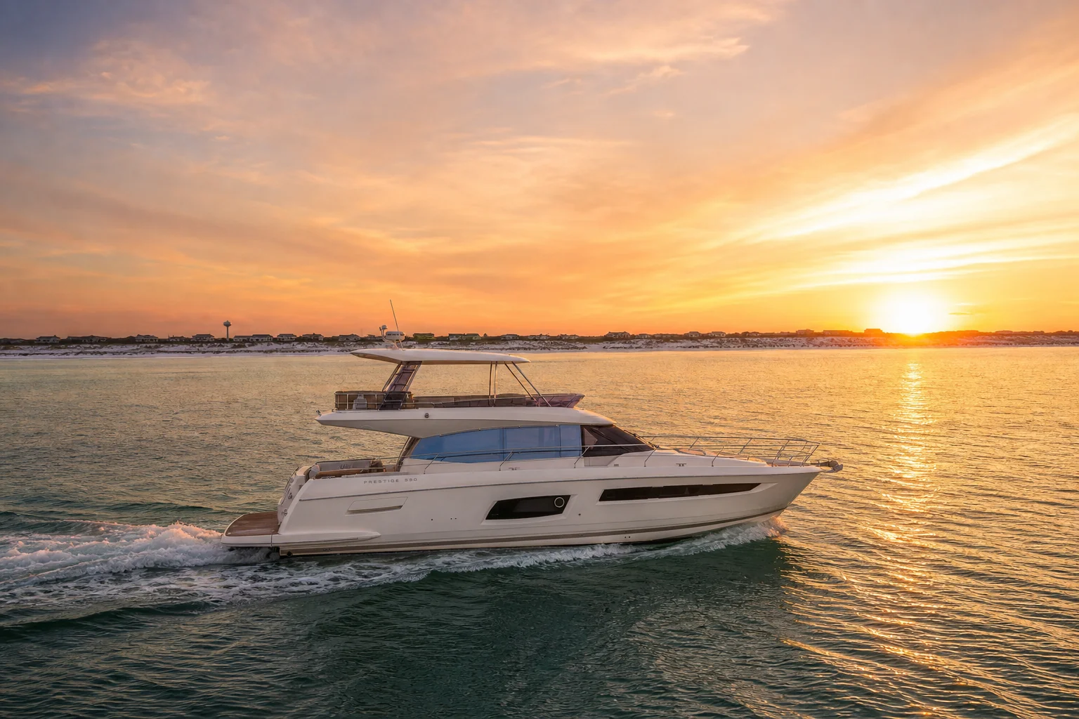 Lovin' Life, a 57' Prestige 550 Flybridge, at sunset off Destin