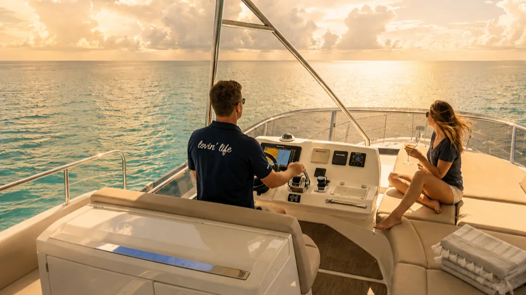 A captain at the helm of a private 30A yacht charter while a guest relaxes, cruising the green water of the Emerald Coast