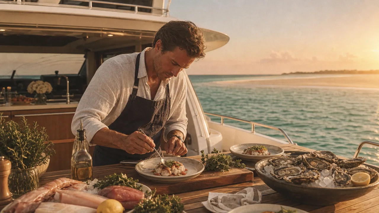 A private chef plating fresh seafood on the deck of a Destin yacht charter at sunset