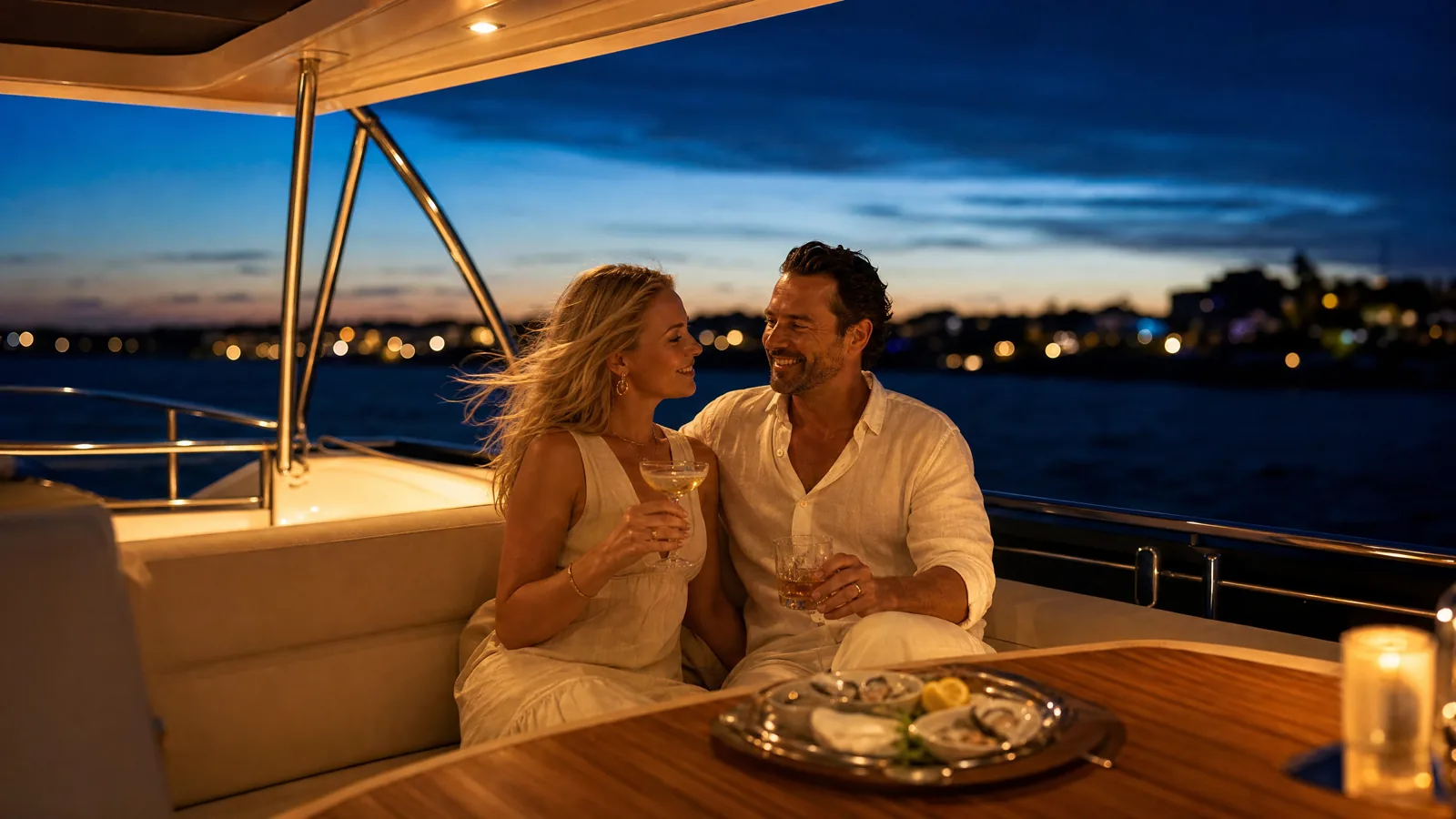 Evening Cruise Along 30A Aboard a Destin Yacht Charter A couple sitting together on the aft deck of a Destin yacht charter at twilight, holding glasses of white wine beside a platter of oysters as the coastline lights glow behind them