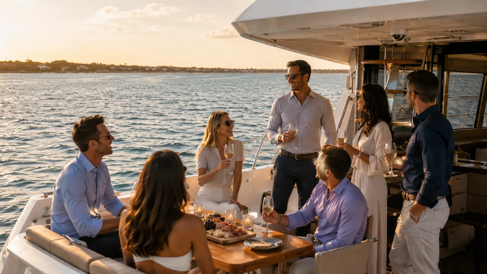Sunset Drinks Aboard a Private Yacht Charter in Destin Friends sharing wine and charcuterie on the deck of a private yacht charter in Destin during a golden-hour cruise