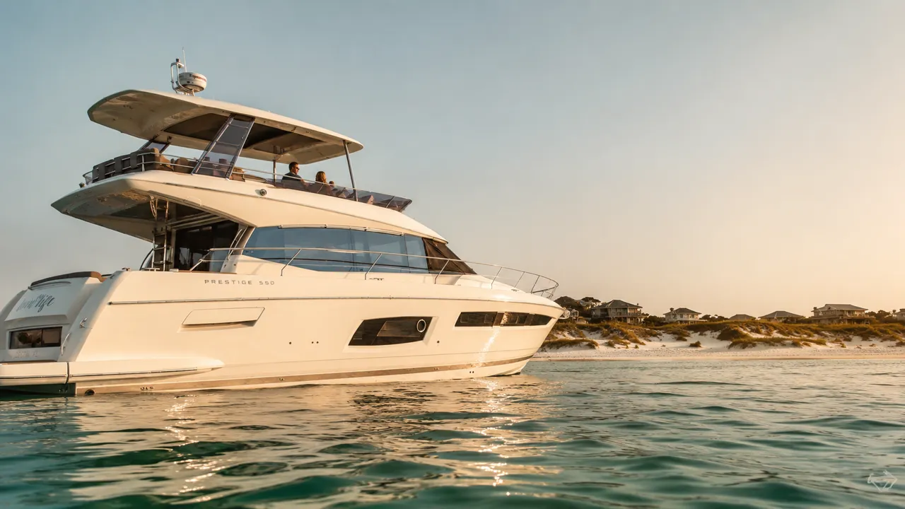 Guests relaxing on the aft deck of a private yacht charter off Miramar Beach, Florida