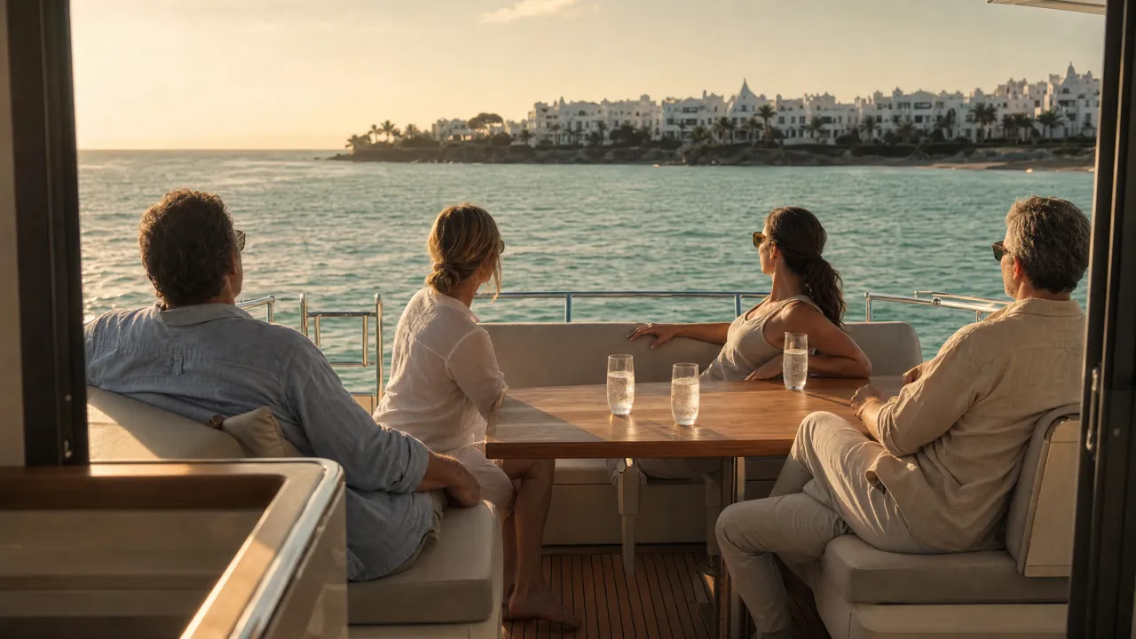Guests relaxing on the aft deck of a private yacht charter off the 30A coast in Florida