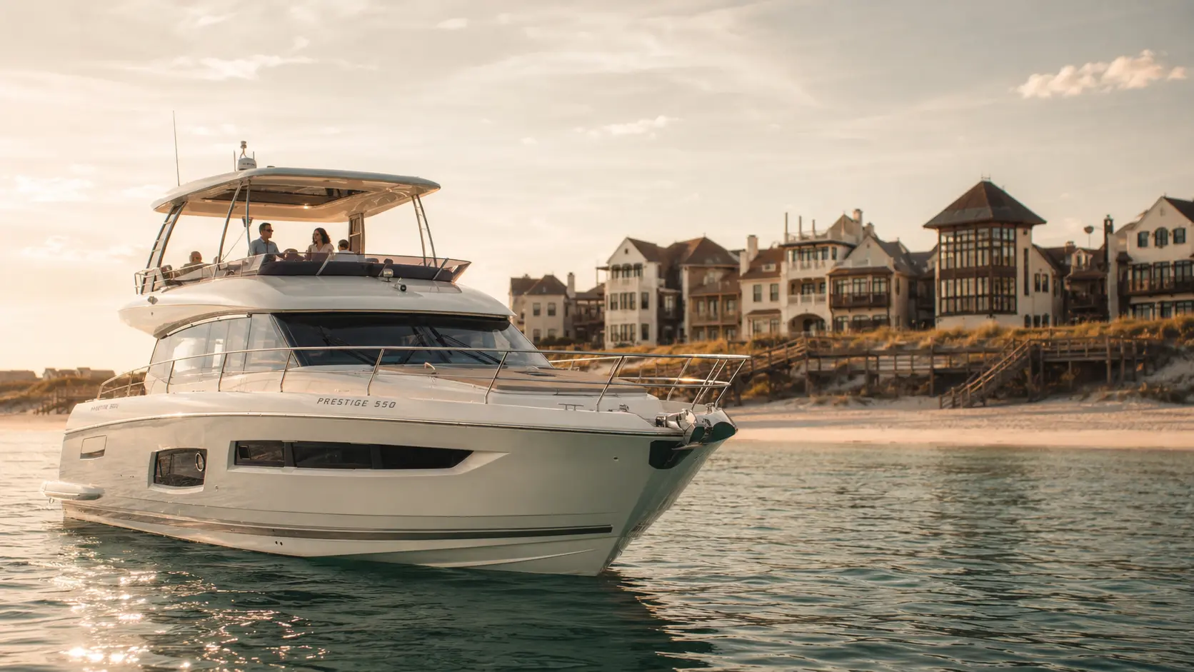 A private yacht charter's bow near Rosemary Beach, Florida, with guests aboard at sunset
