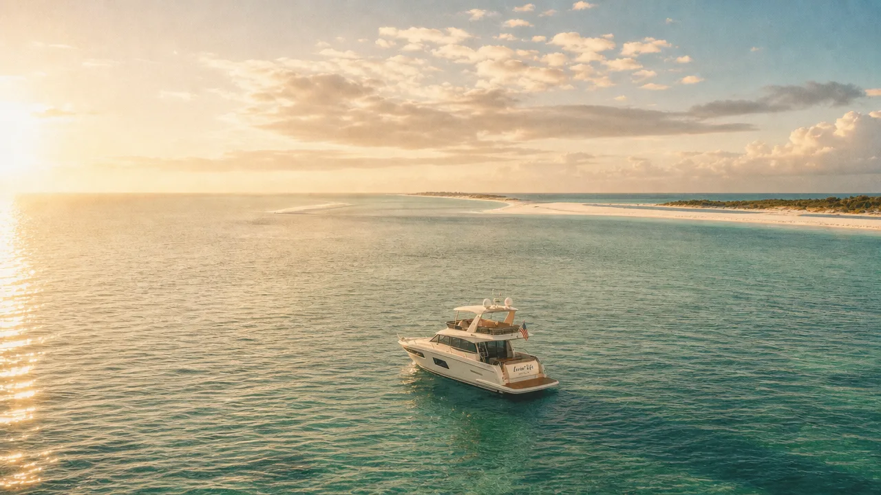 Lovin' Life anchored near a sandbar off Sandestin, Florida, at sunset