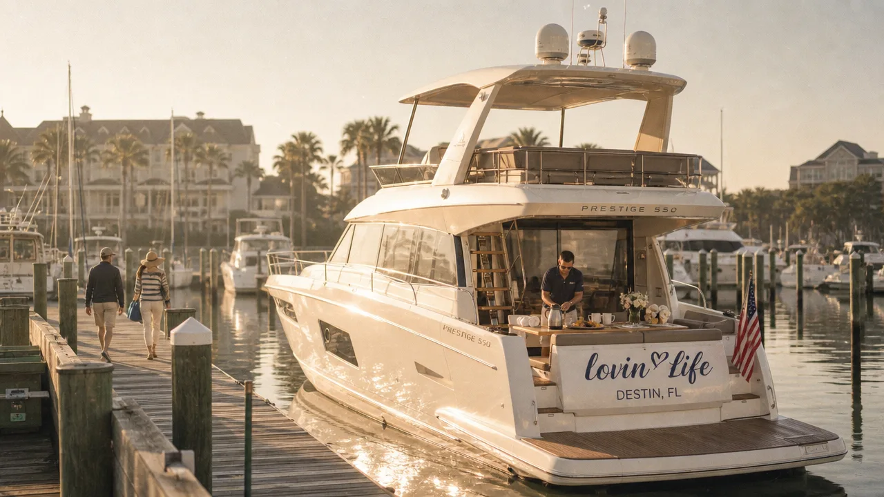 Zen Marine Charter crew preparing the deck for guests at Baytowne Marina in Sandestin, Florida