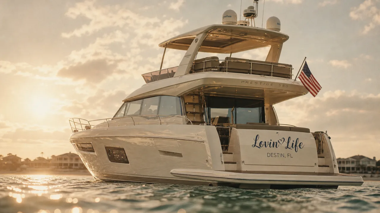 The Lovin' Life yacht at sunset near Sandestin, Florida, ready for a private charter