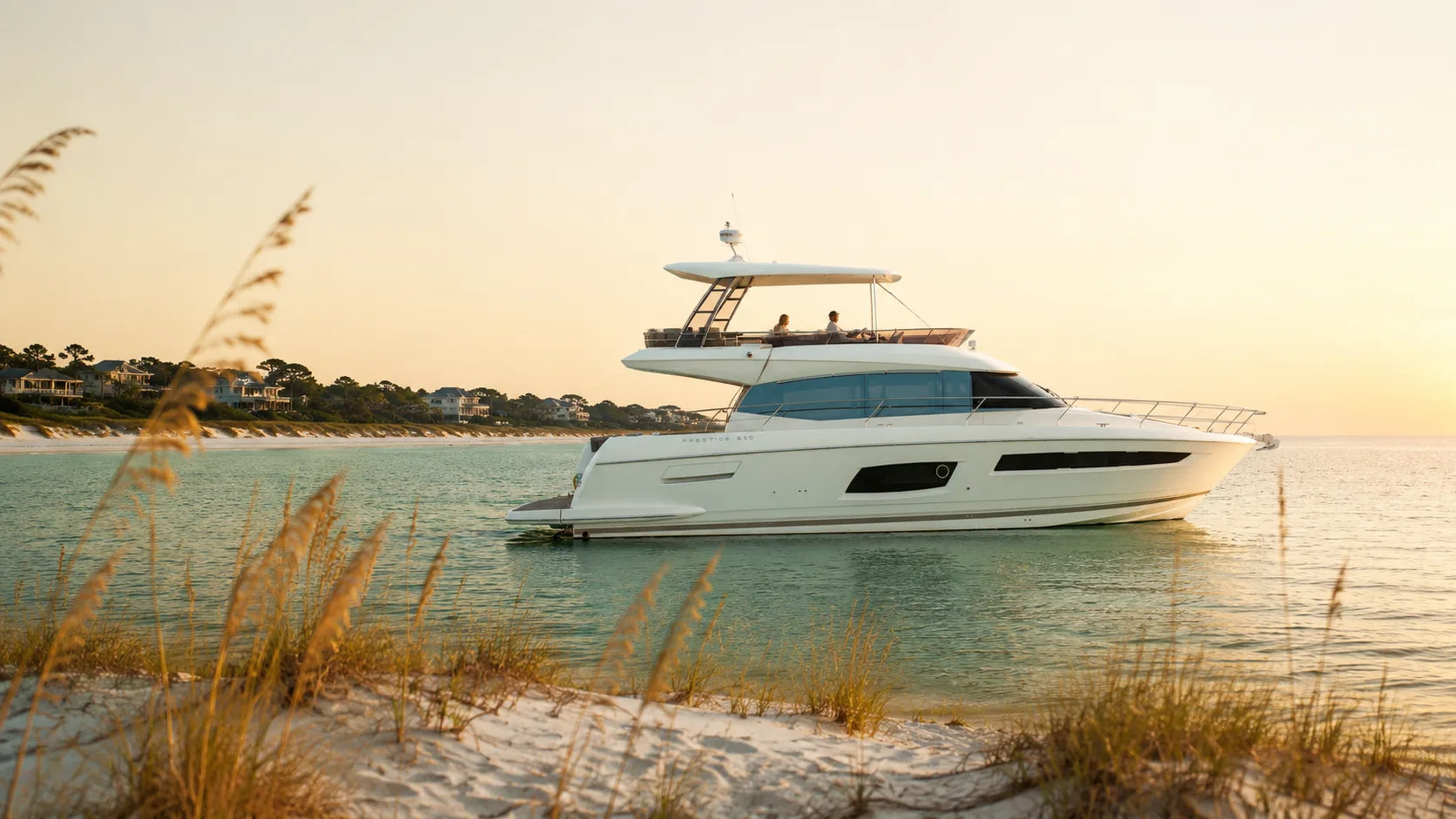 The Lovin' Life yacht anchored off Santa Rosa Beach, Florida, framed by sea oats at sunset