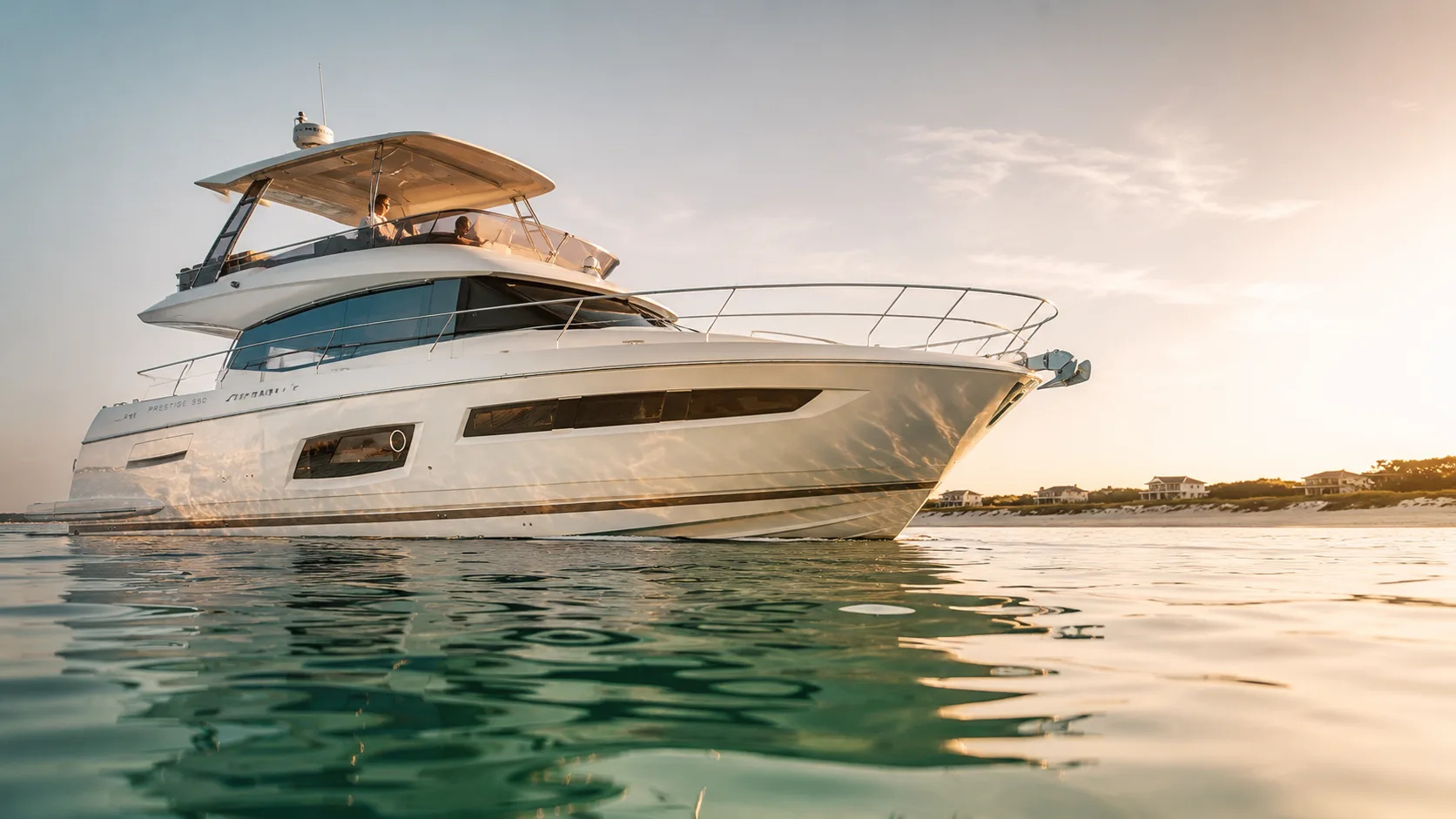 A private yacht charter's bow near the shoreline of Seaside, Florida, at sunset