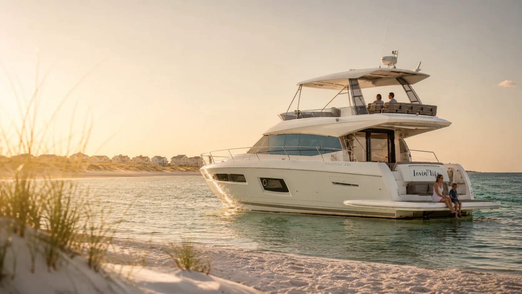 The Lovin' Life yacht anchored off Seaside, Florida, with guests relaxing at sunset