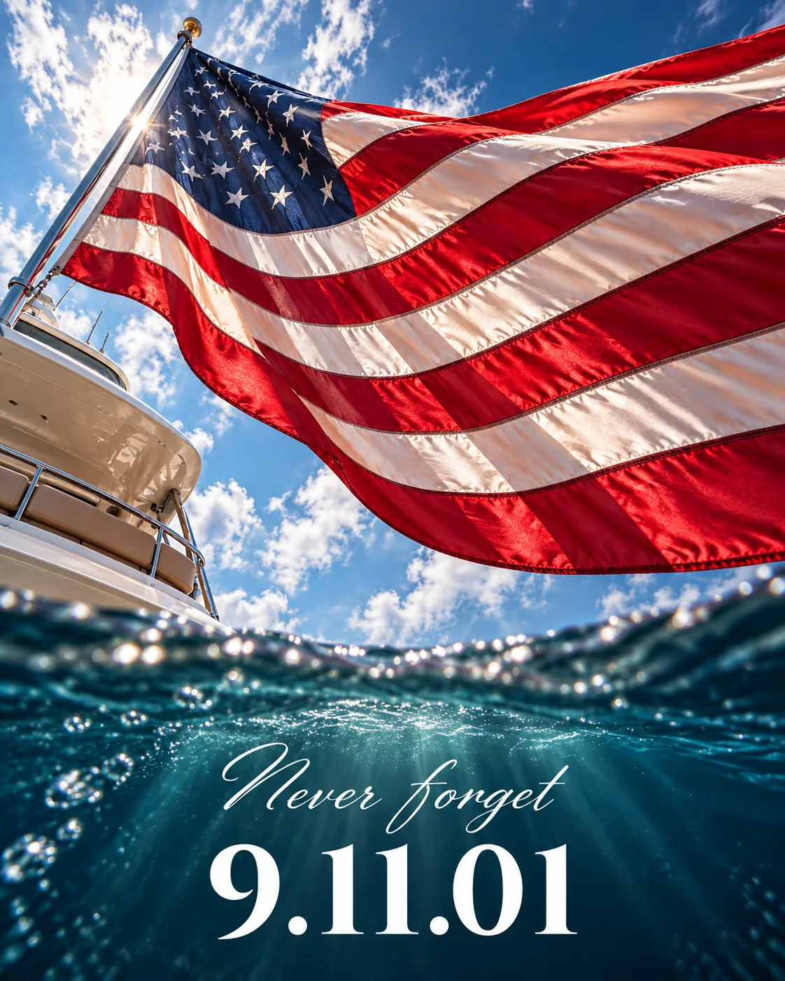 Never Forget 9.11.01 — American Flag Aboard a Yacht An American flag flying from the rail of a yacht above clear open water, with the words Never forget 9.11.01