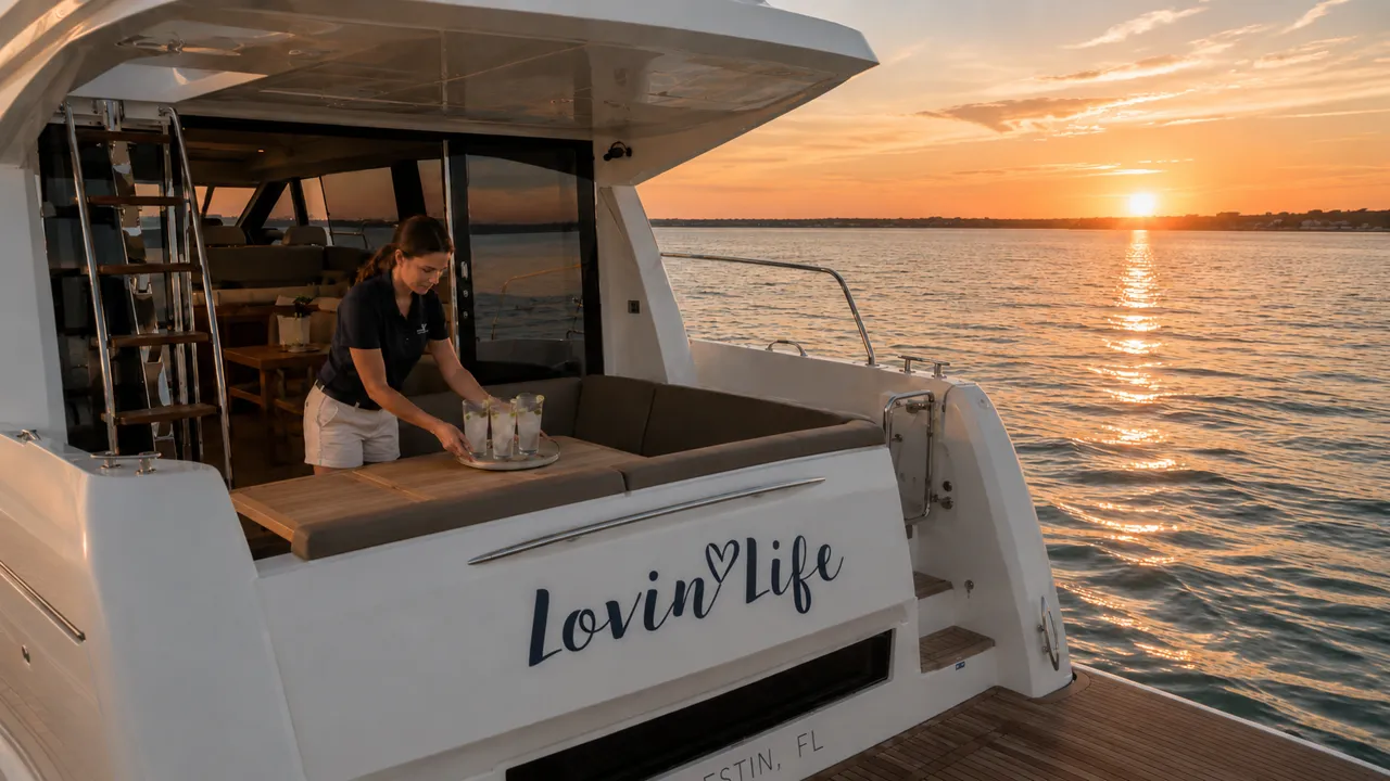 Sunset over the Gulf of Mexico from the deck of a private yacht charter near Miramar Beach