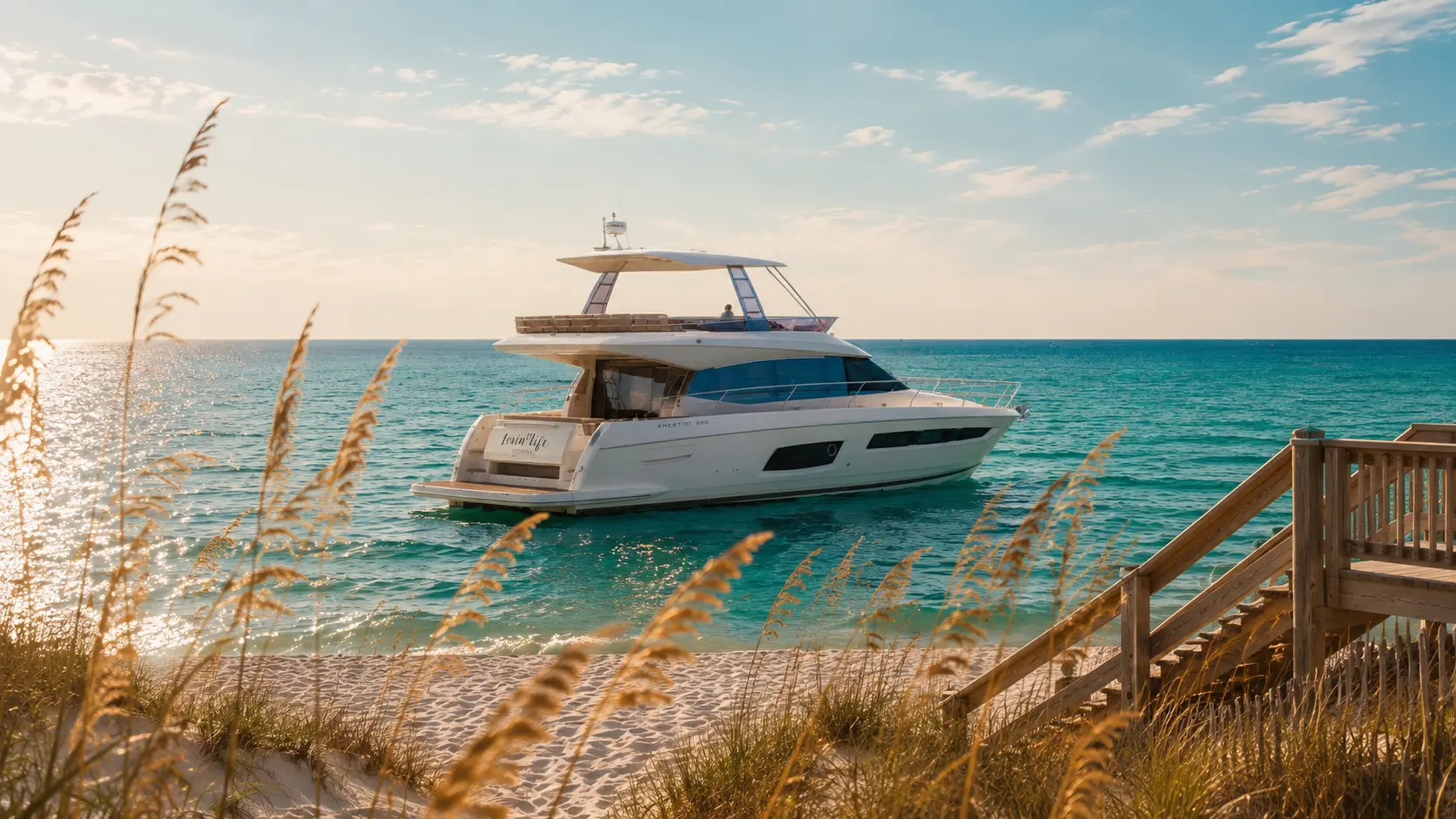 A private yacht charter's bow near the shoreline of WaterColor, Florida, framed by sea oats at sunset