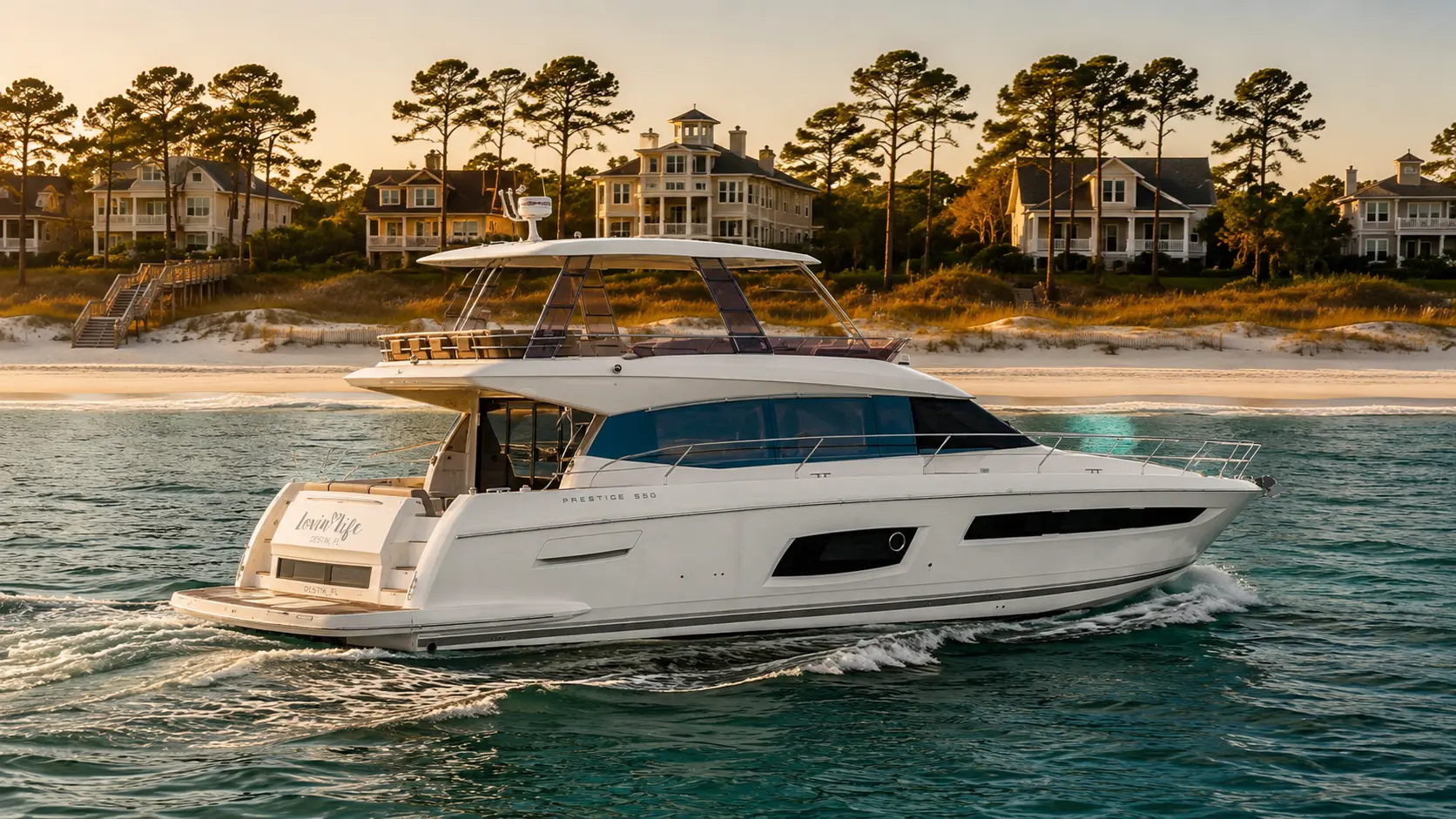 The Lovin' Life yacht cruising near WaterColor, Florida, at sunset