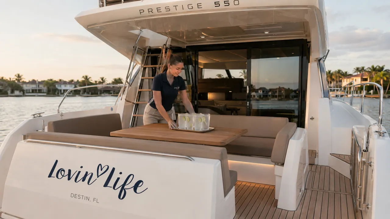 Steward preparing the aft deck aboard a private luxury yacht charter in Destin, Florida