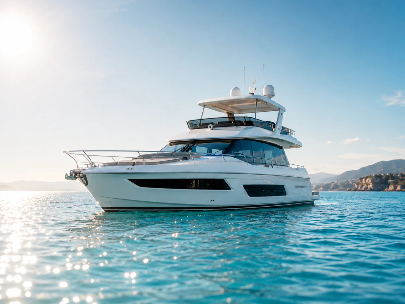 A Prestige flybridge yacht from Zen Marine Charter anchored on calm blue water along the coast